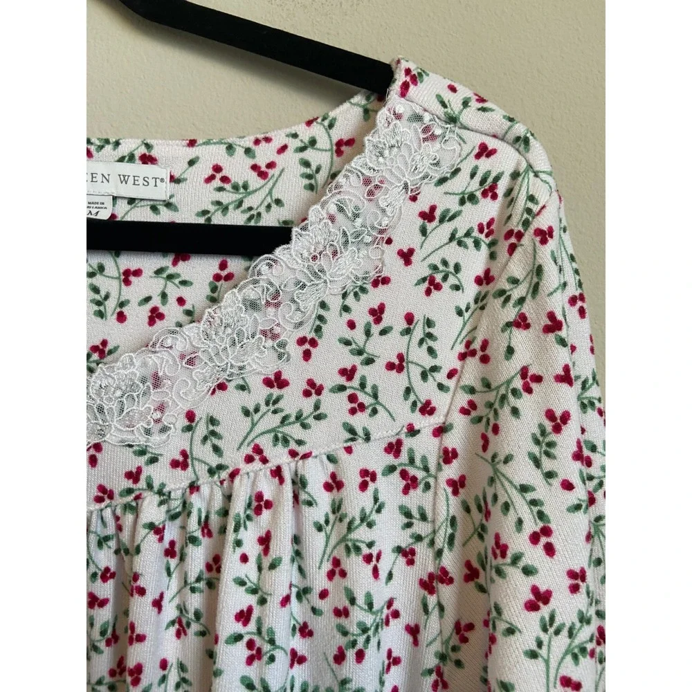 Eileen West Floral Berry Lace Trim‎ Long Sleeve Nightgown White Red Medium
